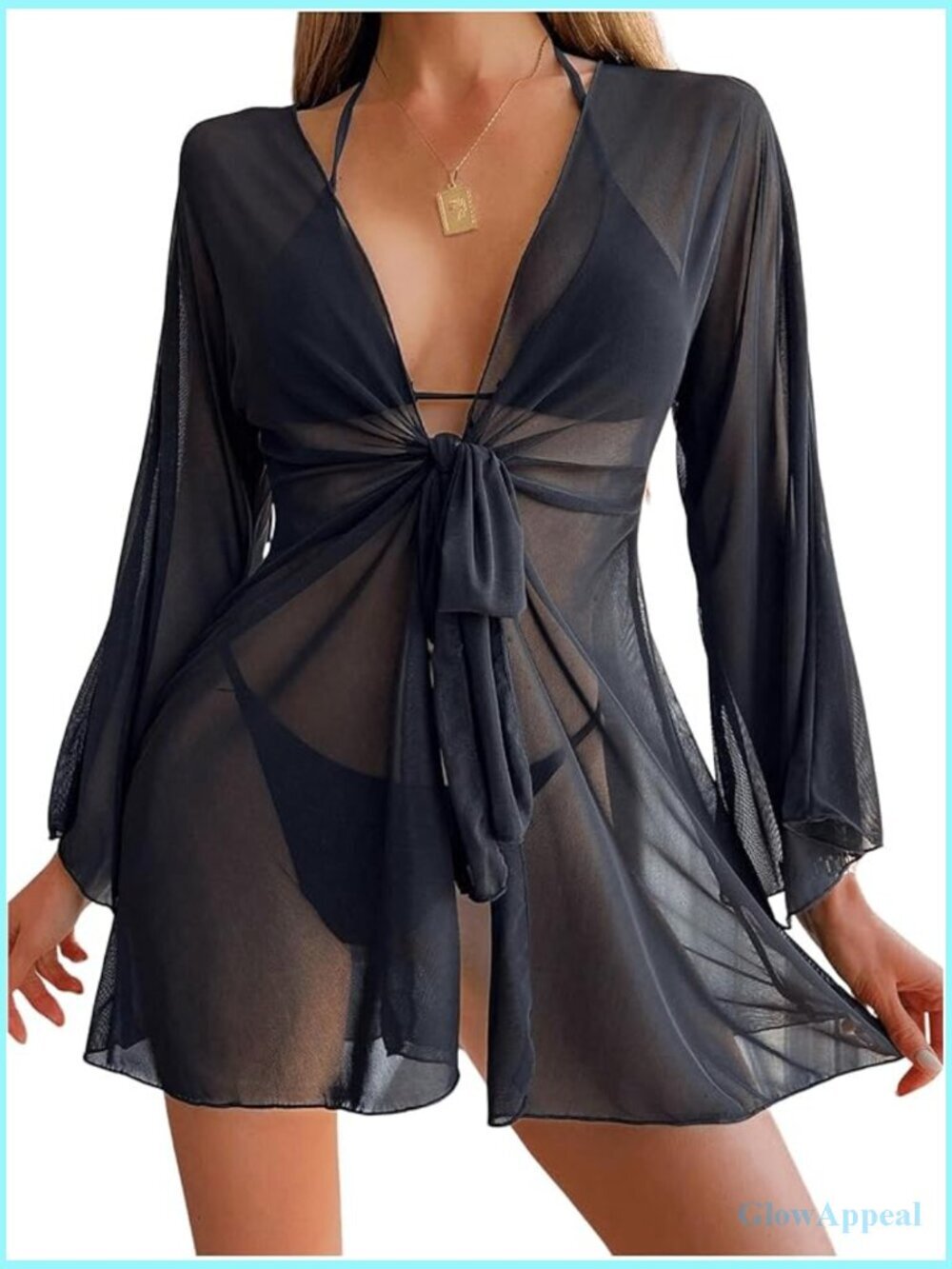 Sheer Mesh Kimono Tie Front Long Sleeve Swimsuit Coverup Tops